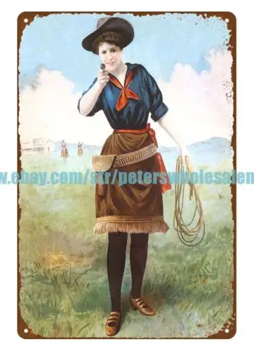 cowgirl pistal lasso hunting western art metal tin sign design interior