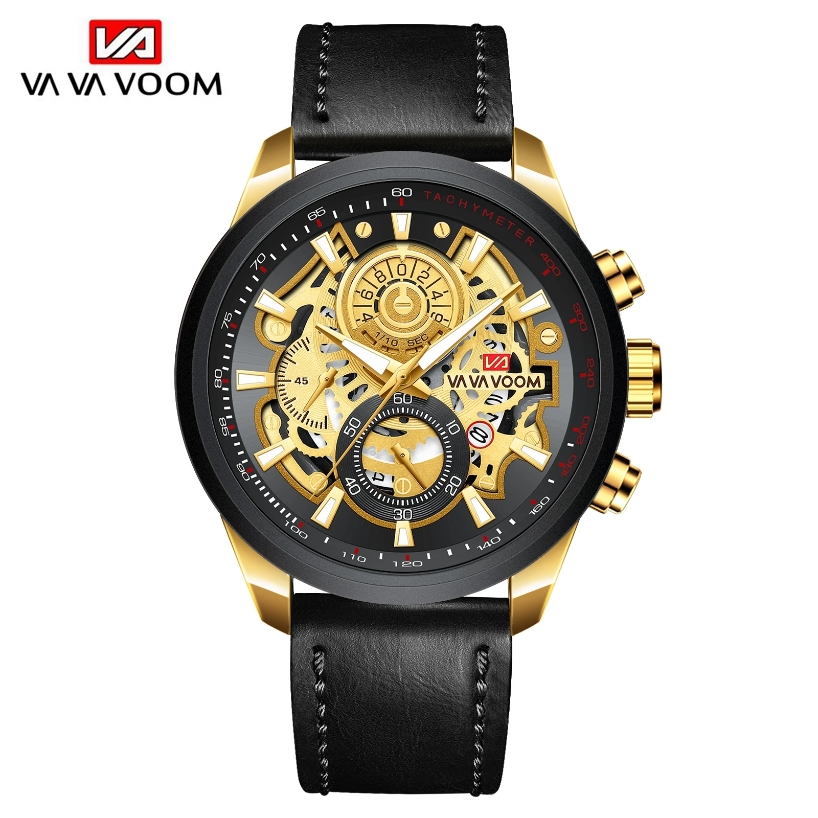 

Sports Fashion Watch Luxury Design Gold Black Stainless Steel Quartz Movement Calendar 3ATM Waterproof For Men's Wristwatches