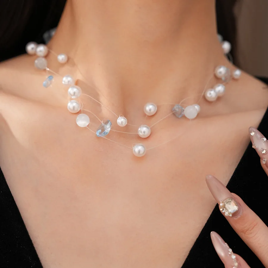 Luxury Crystal Simulated Pearl Choker Necklace For Women Bridal Wedding Party Necklace Multi Layers Invisible