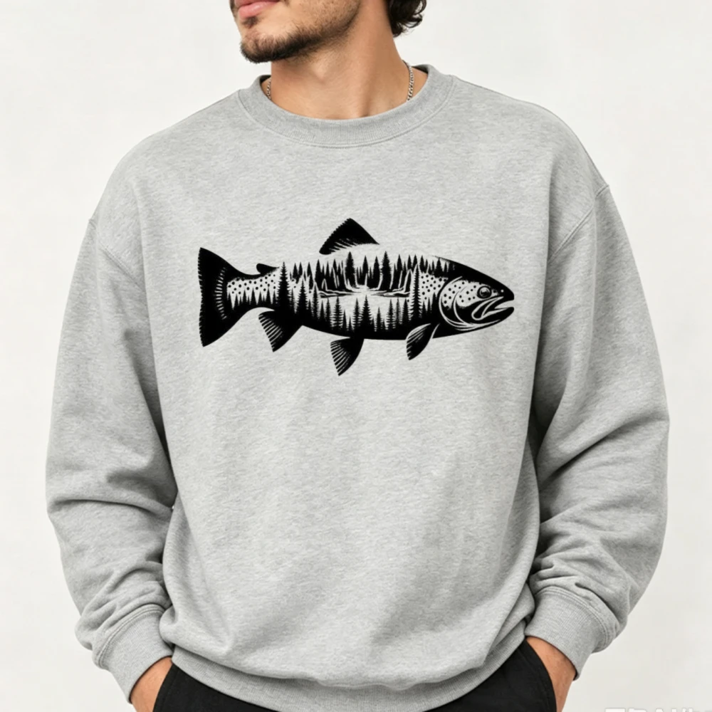 Trout Fish with Forest Tree Silhouette Crew Neck Sweatshirt Nature Outdoor Fishing Graphic Pullover Casual Long Sleeve Tops