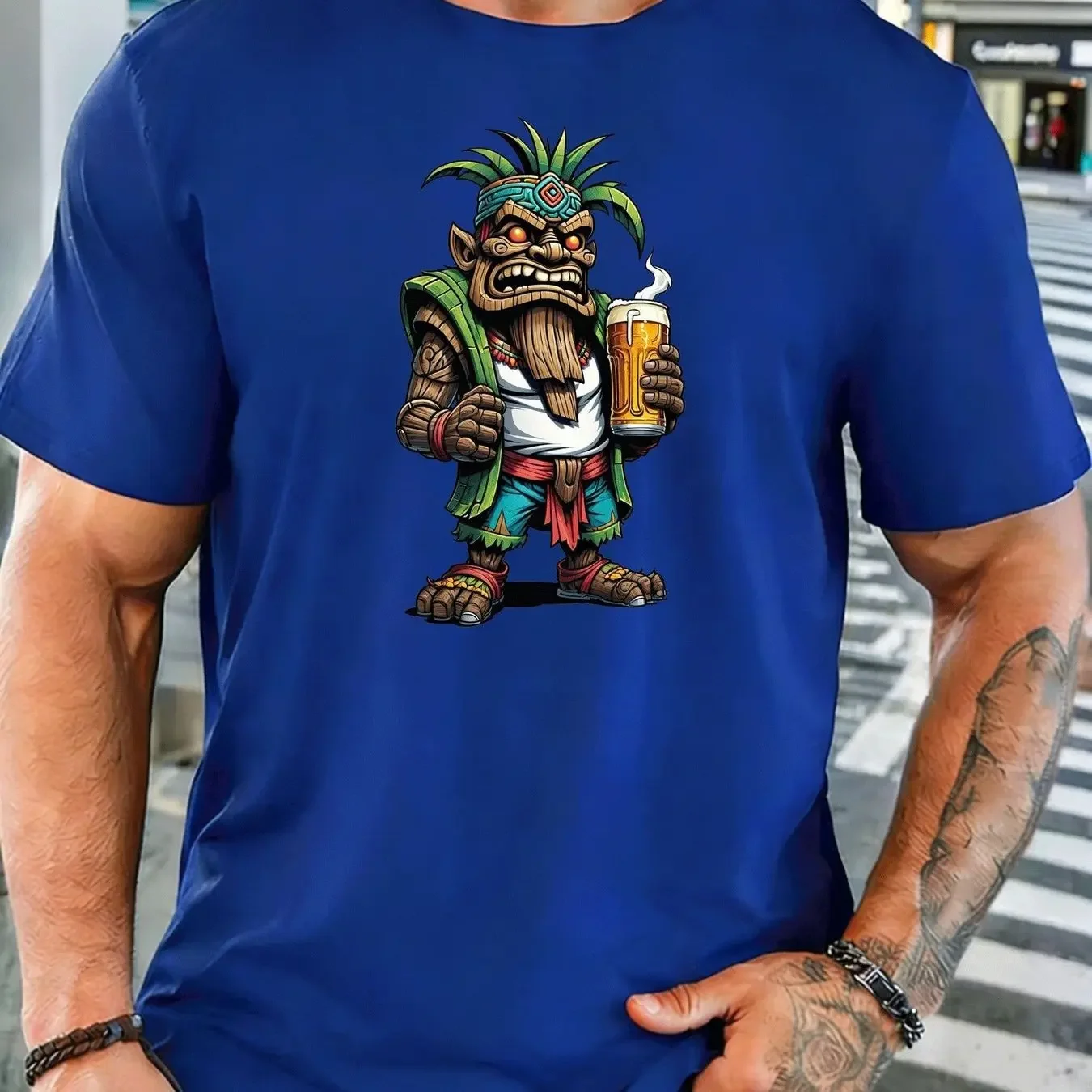 Vintage Graffiti Style Tiki Totem Warrior with Beer Bamboo Cape Tribal Pattern Casual Short Sleeve Tee
