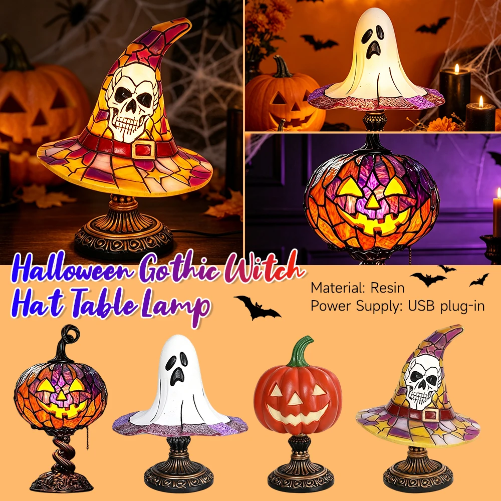 Gothic Witch Hat Pumpkin Table Lamp USB Powered & Lightweight Decorative Lamp Warm Enchanting Glow & Versatile for Bedroom Decor