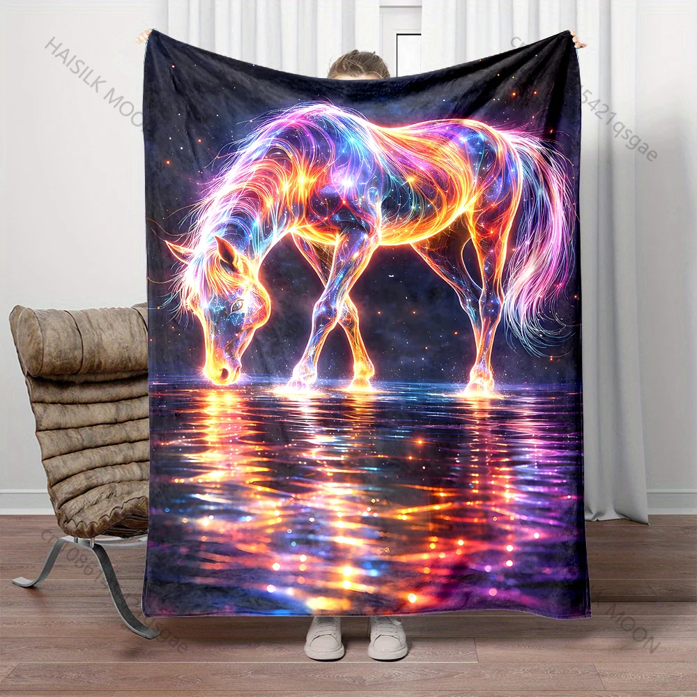 Glowing rainbow horse reflection Print Blanket Warm Soft Fluffy Kids and Adult Sofa Bed Throw Blanket Outdoor Travel Camping RV