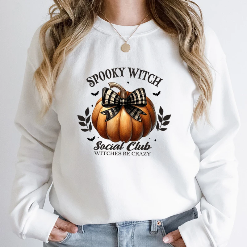 

Halloween Pumpkin Spooky Witch Social Club Print Pullovers For Women Autumn Winter Casual Round Neck Pullovers Women Sweatshirts