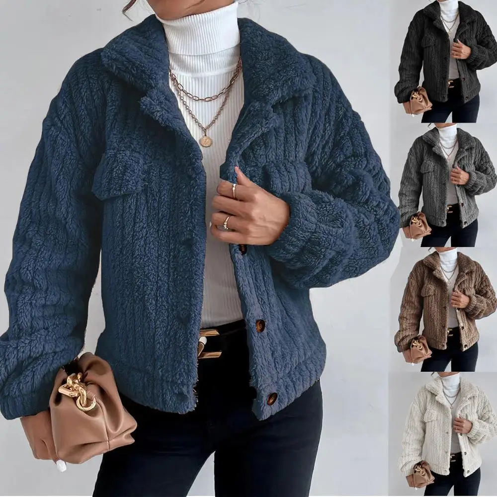 

Women's Thick Rabbit Plush Coat Lapel Shirt Style Winter Warm Long Sleeve Outerwear Classic Color Fashion Ladies' Coat
