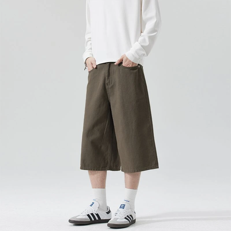 Men's American Retro Loose Wide Leg Capri Pants Y2k 2026 Summer All Match Casual High Waist Brown Black Baggy Short Pants