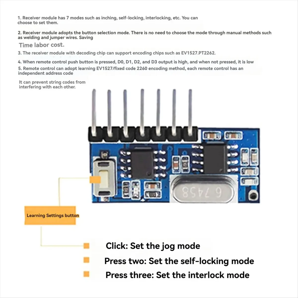 A69ZBG! Receiver Module Transmitter Decoding Receiver Jog Self-Locking Interlock Controller Module 433Mhz with Remote Control