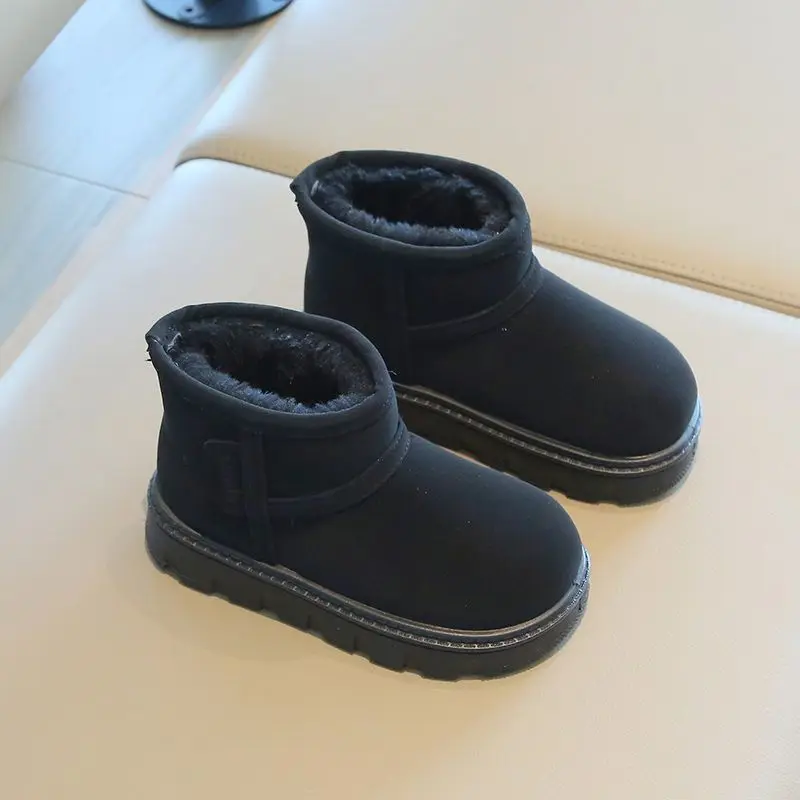 Inverno sólido crianças botas de neve couro do plutônio pelúcia quente grosso meninos meninas tornozelo sapatos deslizamento em fundo macio da criança crianças botas