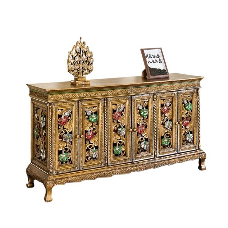 

Solid wood entrance living room new Chinese-style carved storage cabinet, wall storage multi-functional