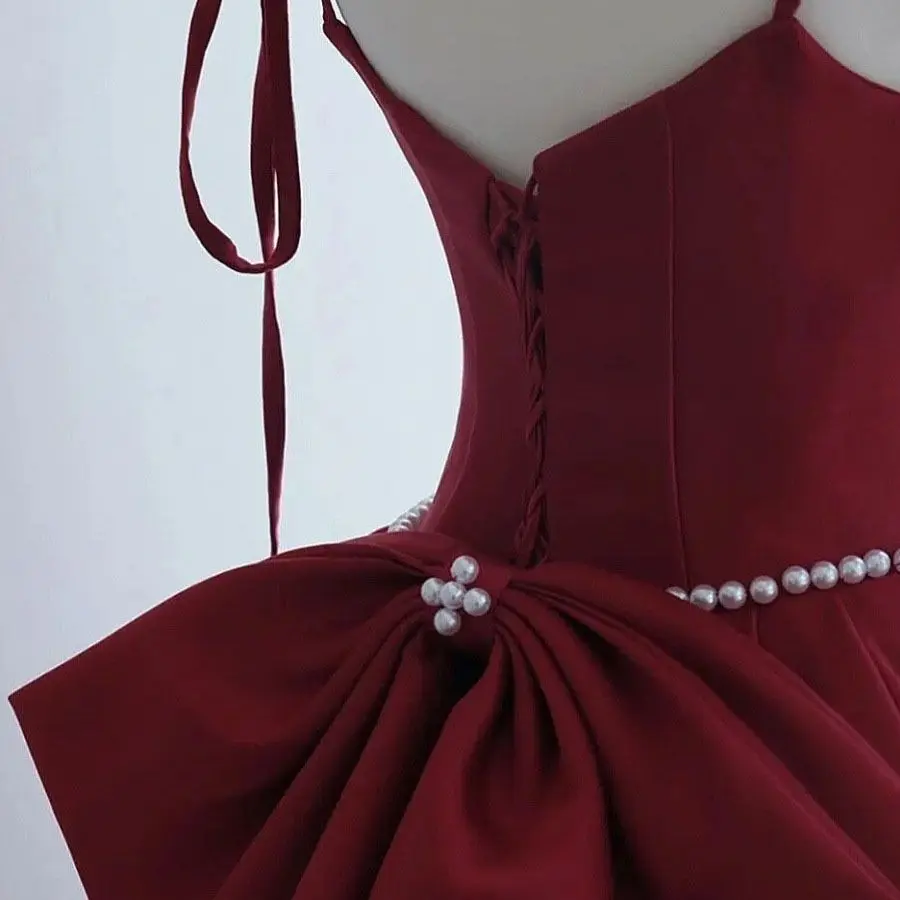 Burgundy Chinese Bride Wedding Dress Qipao Sexy Spaghetti Strap Beads Maxi Dress Elegnat A-Line Banquet Dress Formal Party Dress