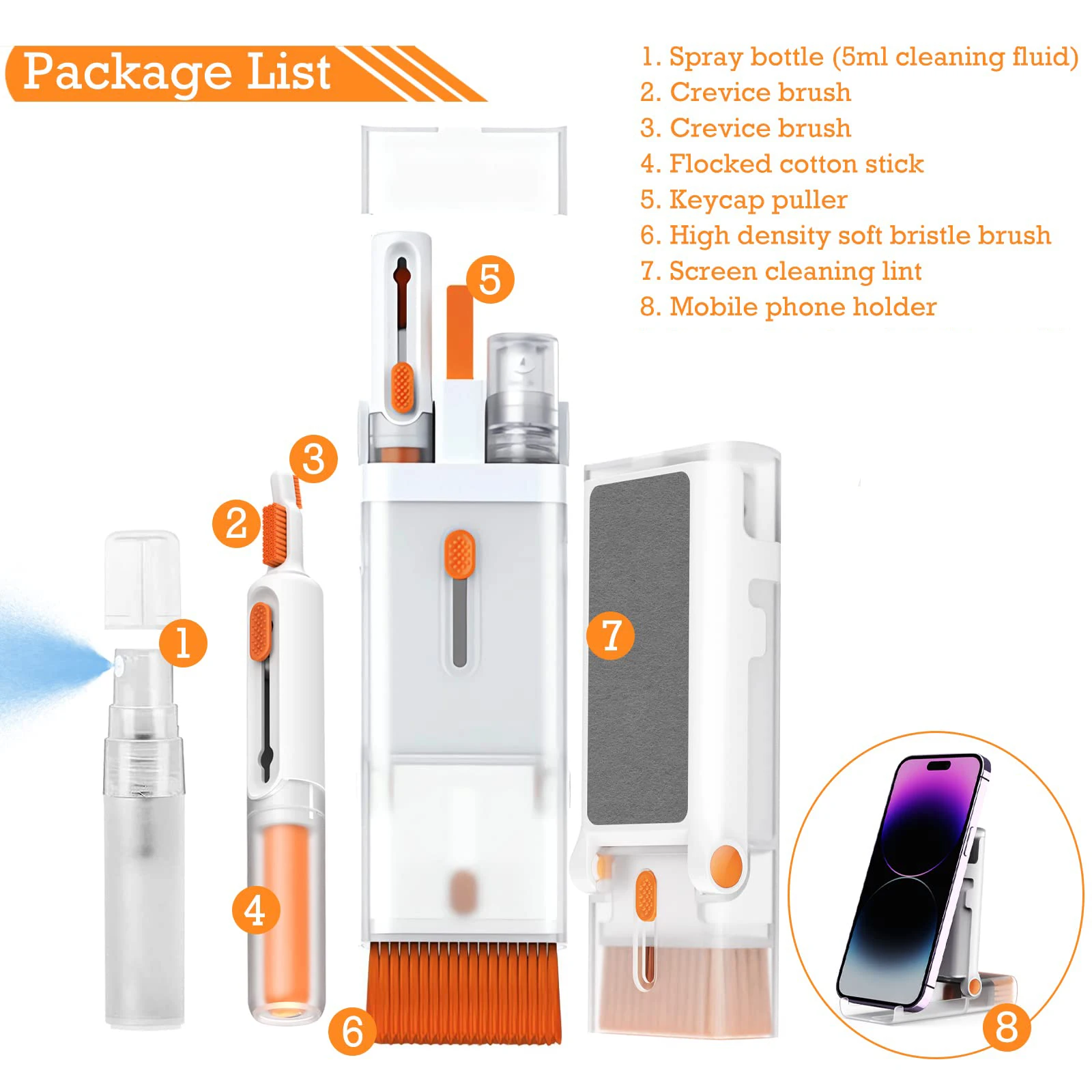 8-in-1 Keyboard Cleaner Brush Kit with Phone Holder Earphone Cleaning Pen For Headset iPad Phone Cleaning Tool Keycap Puller Kit