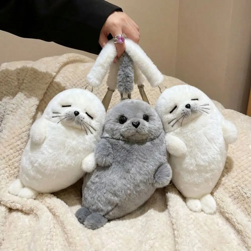 Soft Fluffy Cute Seal Shoulder Bag Cartoon Adjustable Straps Phone Bag Plush Fabric Lightweight Handbag Women's Accessories
