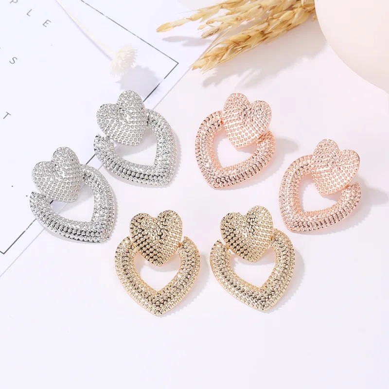 2022 New Gold Color Big Hollow Double Heart frosted Stud Earrings For Women Korean Daily Life Fashion Statement Jewelry