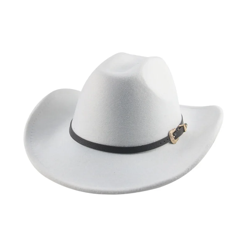 

Top Hat European And American Punk Big Brim Western Cowboy Hat Rolled Brim Double Top Fur Felt Hat New Golden Buckle