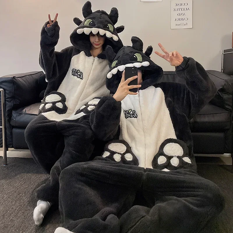 Winter Couples Women’s Pajamas Kigurumis Dinosaur Jumpsuits Men Sleepwear Ladies Thicken Hooded Cartoon Pyjamas Fleece Loose