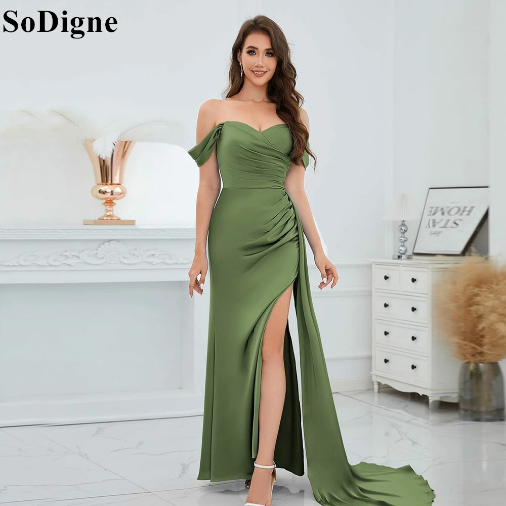 SoDigne Elegant Olive Green Evening Dresses Off Shoulder Draped Side Slit Party Dress Backless 2024 Formal Prom Gowns for Women