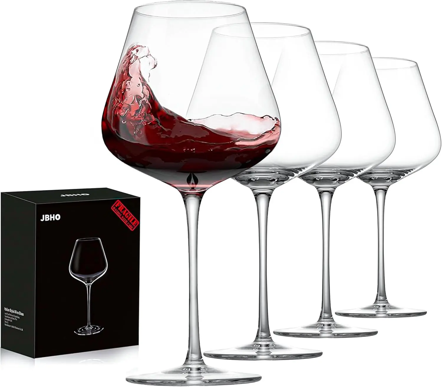 

Set of 4-21 Ounce Hand Blown Italian Style Crystal Burgundy Wine Glasses - Lead-Free Premium Crystal Clear Glass - Gift-Box