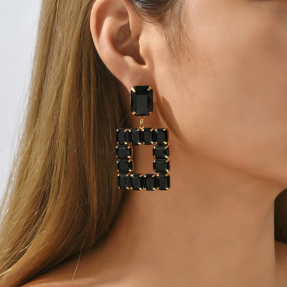 Hot Pink Glass Square Dangle Earrings For Women Luxury Piercing Big Pendientes Fantasy Wedding Party Graduation Vintage Jewelry