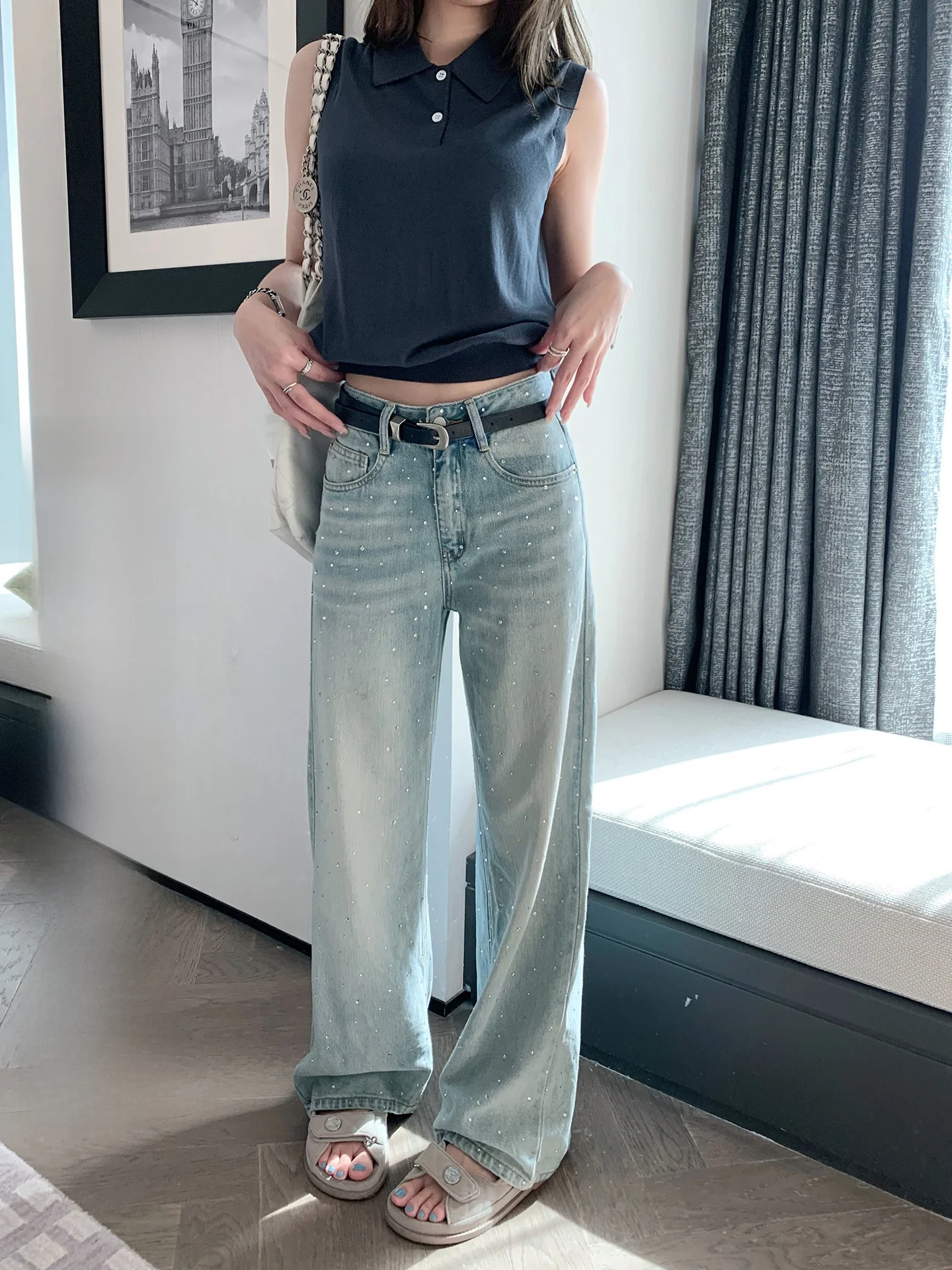 

Джинсы прямого кроя с бриллиантовой отделкой, женские, синие, из лиоцелла, с высокой талией, повседневные, длинные, в пол, с эффектом похудения