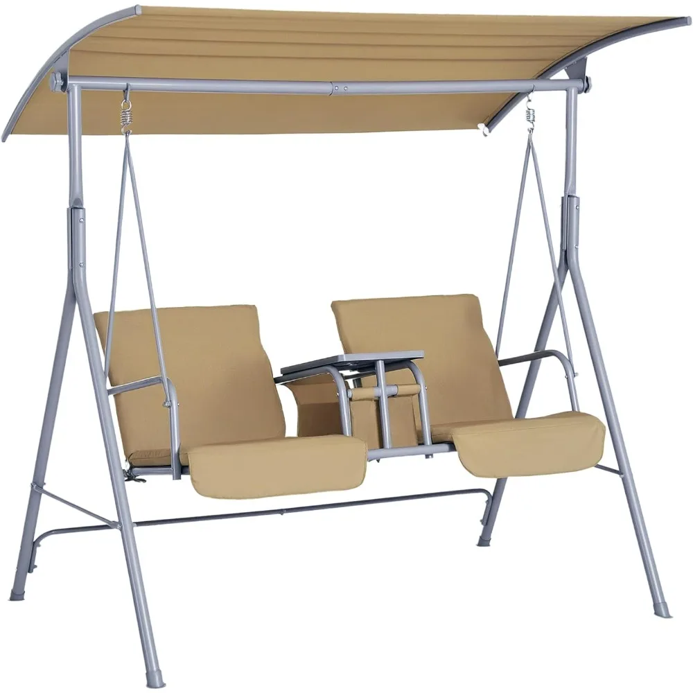 

Two Person Outdoor Swing with Canopy, Stand, Pivot Table, Cup Holders, and Cushions for Patio and Backyard