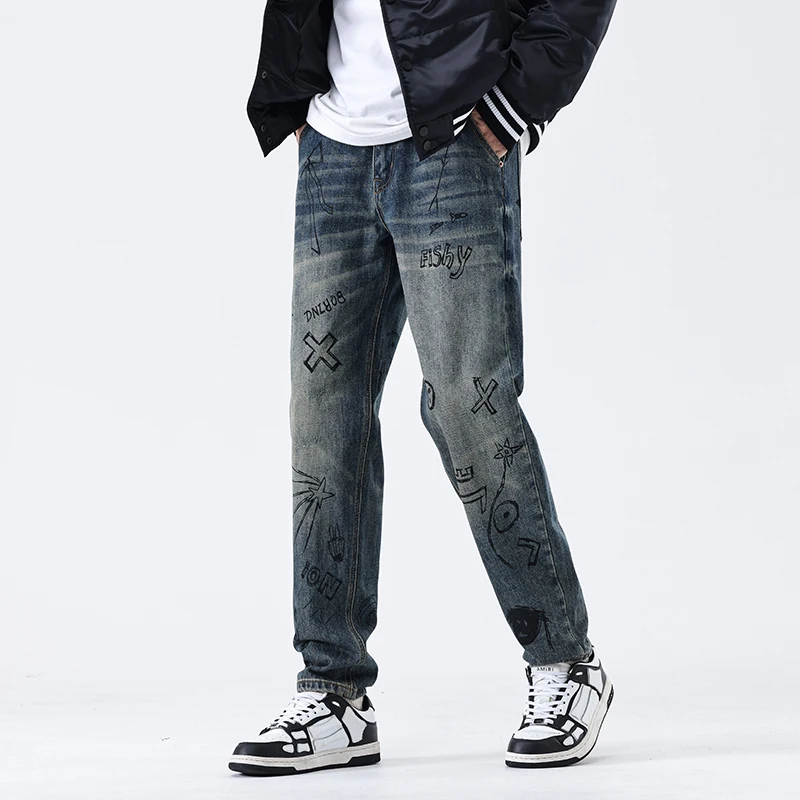 

BGC9822 New high-end design graffiti print retro jeans loose versatile small straight micro cone trousers