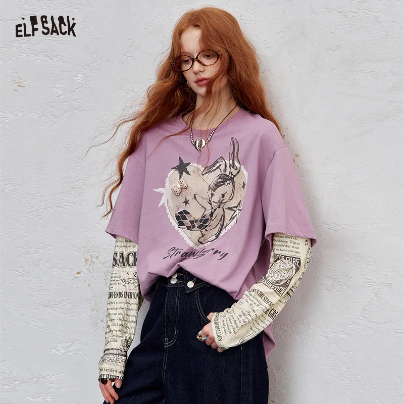 

ELFSACK 2025 Autumn New Arrivals Fake Two Piece Oversized Newspaper Print Long Sleeve Tee Streetwear Top For Women