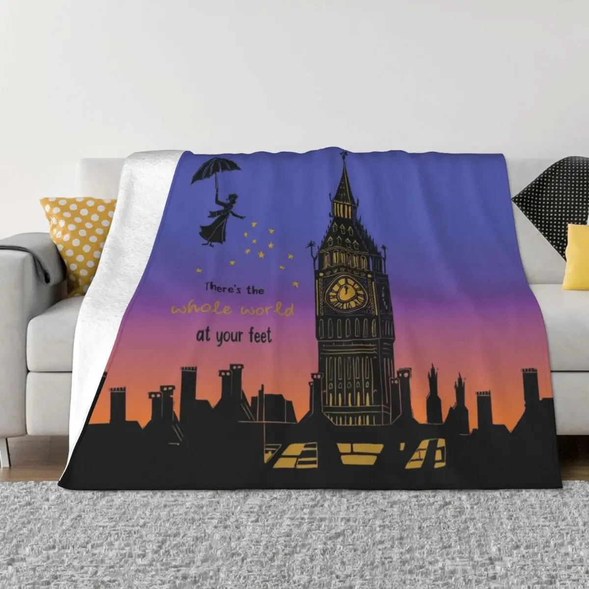 Mary Poppins Whole World at your Feet Sunset Silhouette Linocut Throw Blanket blankets ands Blankets For Bed Blankets