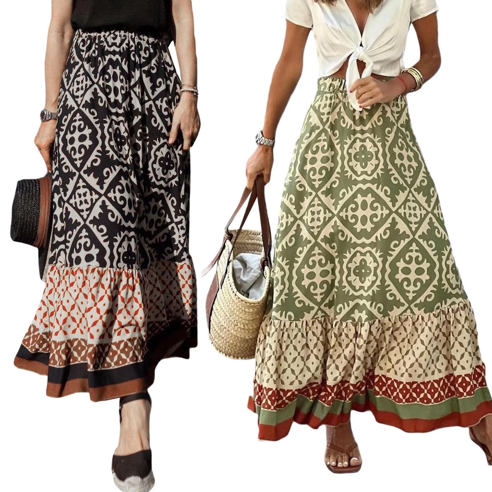 

Women Vintage Half Dress Pleated Retro A-Lined Summer Spring Street Party Long Skirt