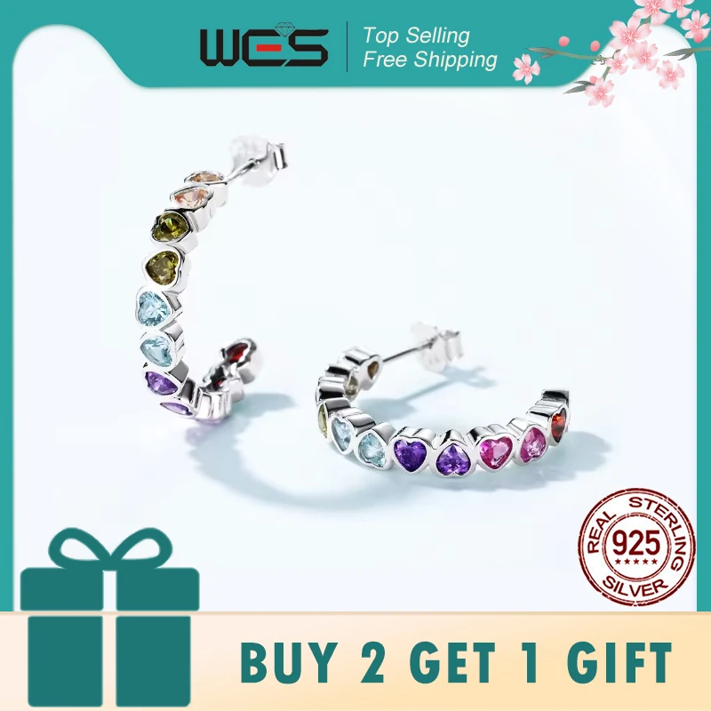 

WES 925 Sterling Silver Love Heart Stud Earrings for Woman Rainbow Colorful CZ Zicron Valentine's Day Gift Fine Jewelry Wedding