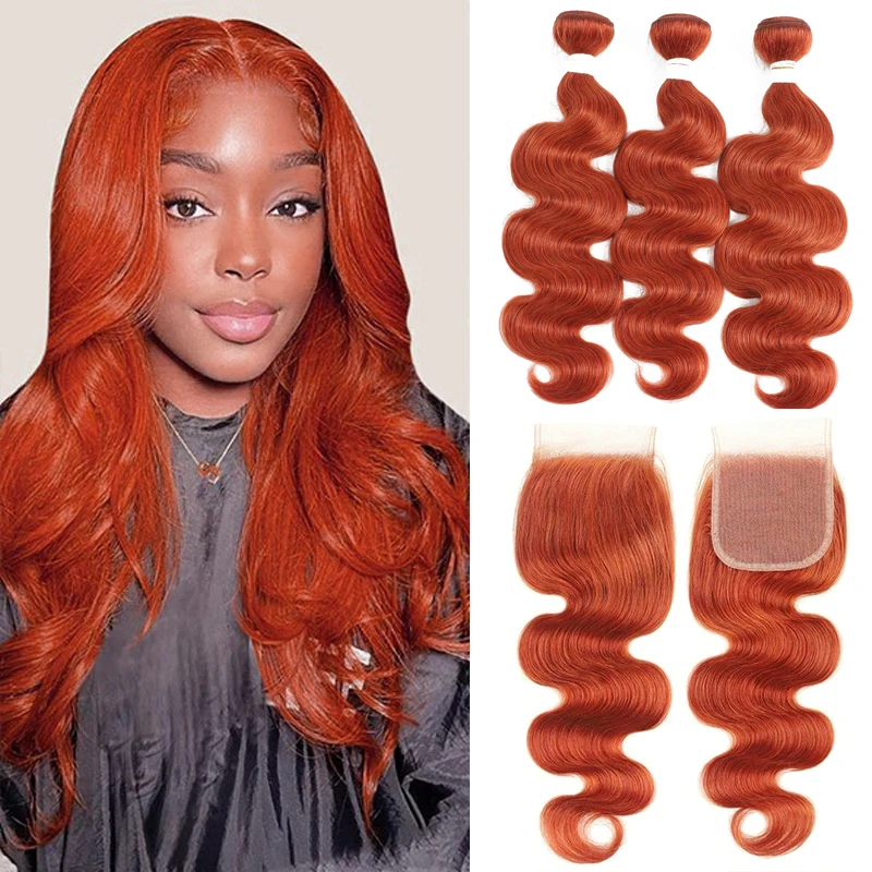 Onda do corpo Pacotes De Cabelo Humano Com Encerramento Ginger Cor Laranja Cabelo Humano Weave Bundles Com Encerramento Brasileiro 100% Remy Cabelo