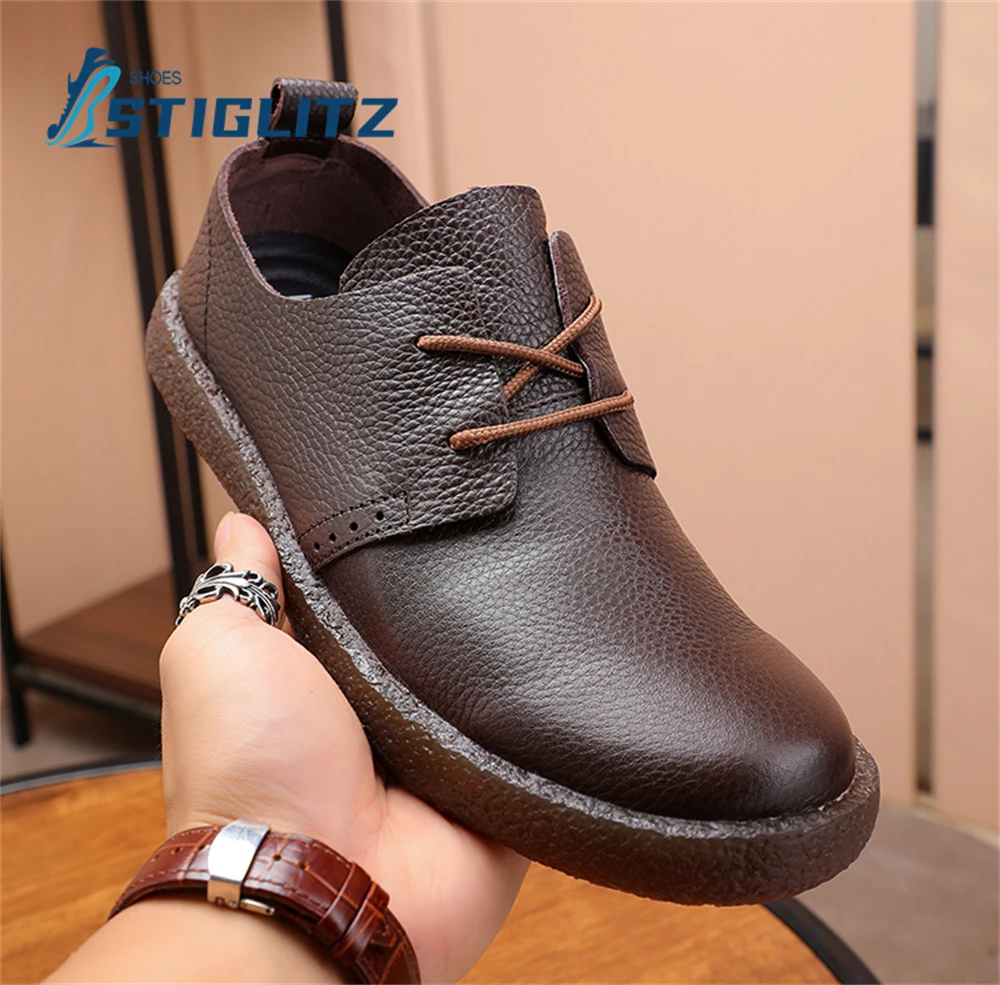 Solid Color Cowhide Lace Up Oxford Shoes for Men Non-Slip Soft Sole High Quality Men\'s Genuine Leather Shoes Flat Casual Shoes