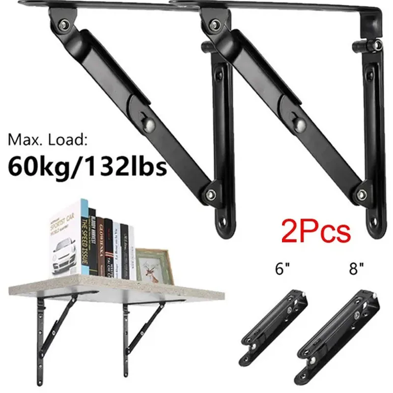 

2PCS Collapsible Long Release Arm Space Saving Carbon Steel Wall Mounted Shelf Supports Folding Shelf Brackets 6inch/8inch