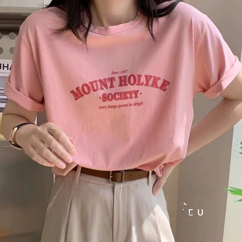 Loose Oversize Pink Short Sleeve Women's T-shirt Harajuku Style Summer Streetwear Top Cotton round Neck Print Casual Tee