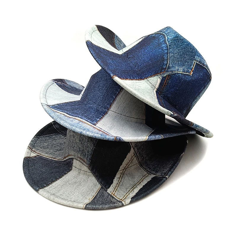 

New Fashion Denim Color Blocking Top Caps For Men Women Wide Brim Fedora Western Cowboy Hat Spring Autumn Elegant Party Jazz Hat