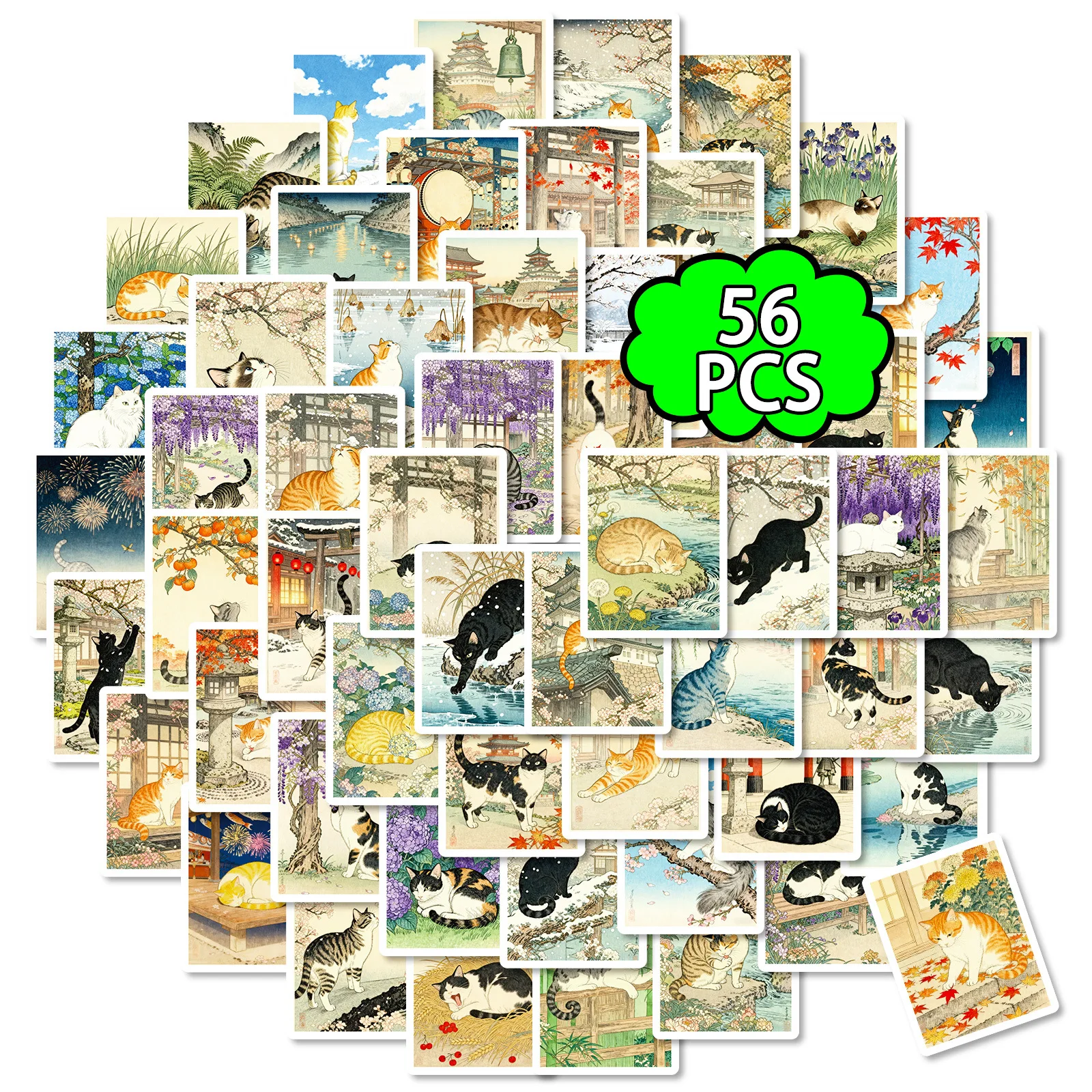 Japanese Retro Hand-Drawn Cat Sticker Pack (56/112 pcs)