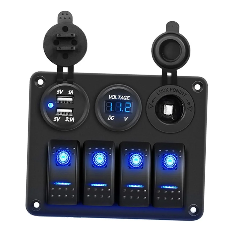Rocker Switch Panel Marine Boat Truck RV Water Proof 4 Gang Toggle Switch Voltmeter 2 USB Charger Socket Cigar Lighter Blue