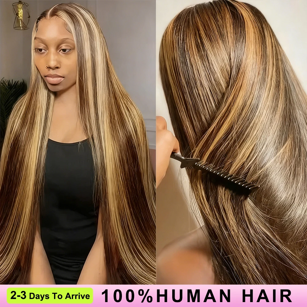 

13x6 Ombre Highlight Парики фронта шнурка Человеческие волосы с детскими волосами 4/27 Медовый блондин прямые 13x4 HD Парики фронта шнурка Человеческие волосы