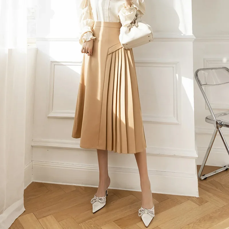 2024 Autumn Niche Women's Slimming Skirt Korean-Style Asymmetrical Hip Covering Elegant Commuting A- Line Skirt