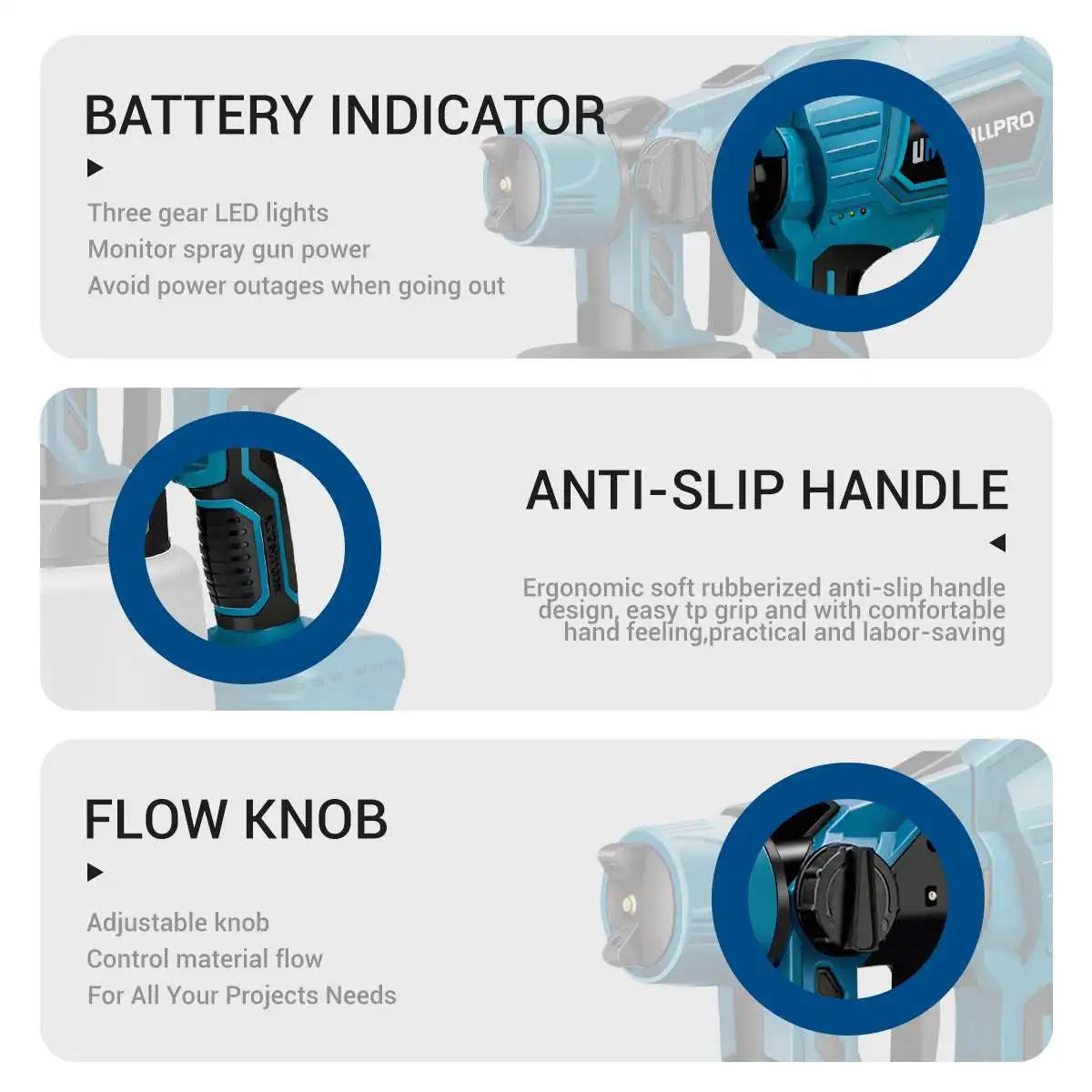 Drillpro 1000ML elektryczny pistolet natryskowy akumulatorowe rozpylacz farby wysokiej mocy do mebli samochodowych ze stali aerografu do baterii