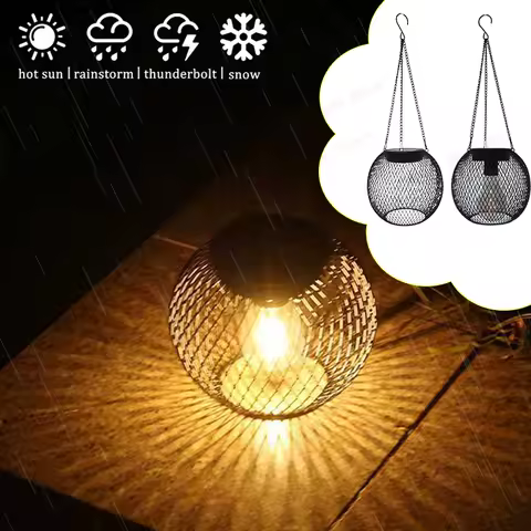 Iron Retro Grid Solar Lantern Courtyard Light Outdoor Garden Landscape Waterproof Hollow Pendant Light Lantern