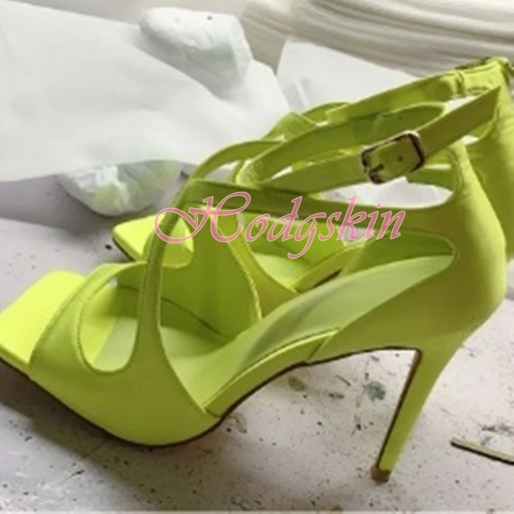 Square Toe Straps Sandals Solid Ankle Buckles Stiletto Heels Women Shoes Hollow Wrapped Summer Party Dress Sandals Fashion Shoe