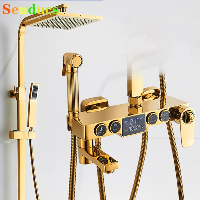 Gold Thermostatic Digital Bathroom Shower Set Senducs Hot Cold Digital Bathroom Shower System Brass Bathroom Faucet Accessories