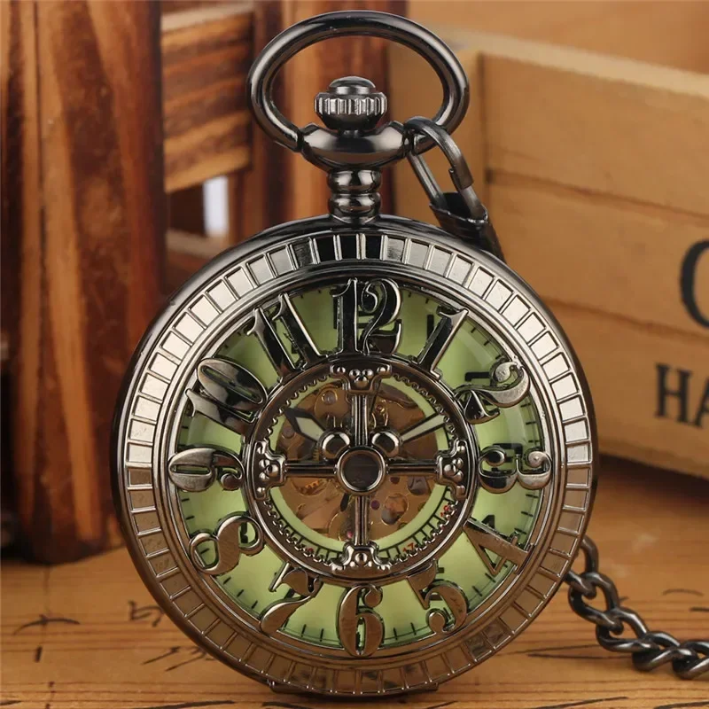 Steampunk Unisex Handwind Mechanical Pocket Watch Arabic Number Dial Hollow-out Manual Skeleton Clock Pendant Chain Collectable