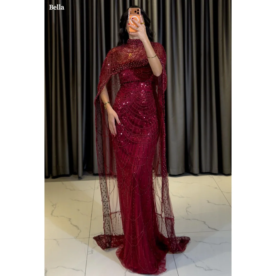 

Bella Customized Wine Red High Neck Cape Beaded Prom Dress Elegant Mermaid vestidos de noche Shine Tulle Formal Evening 2026