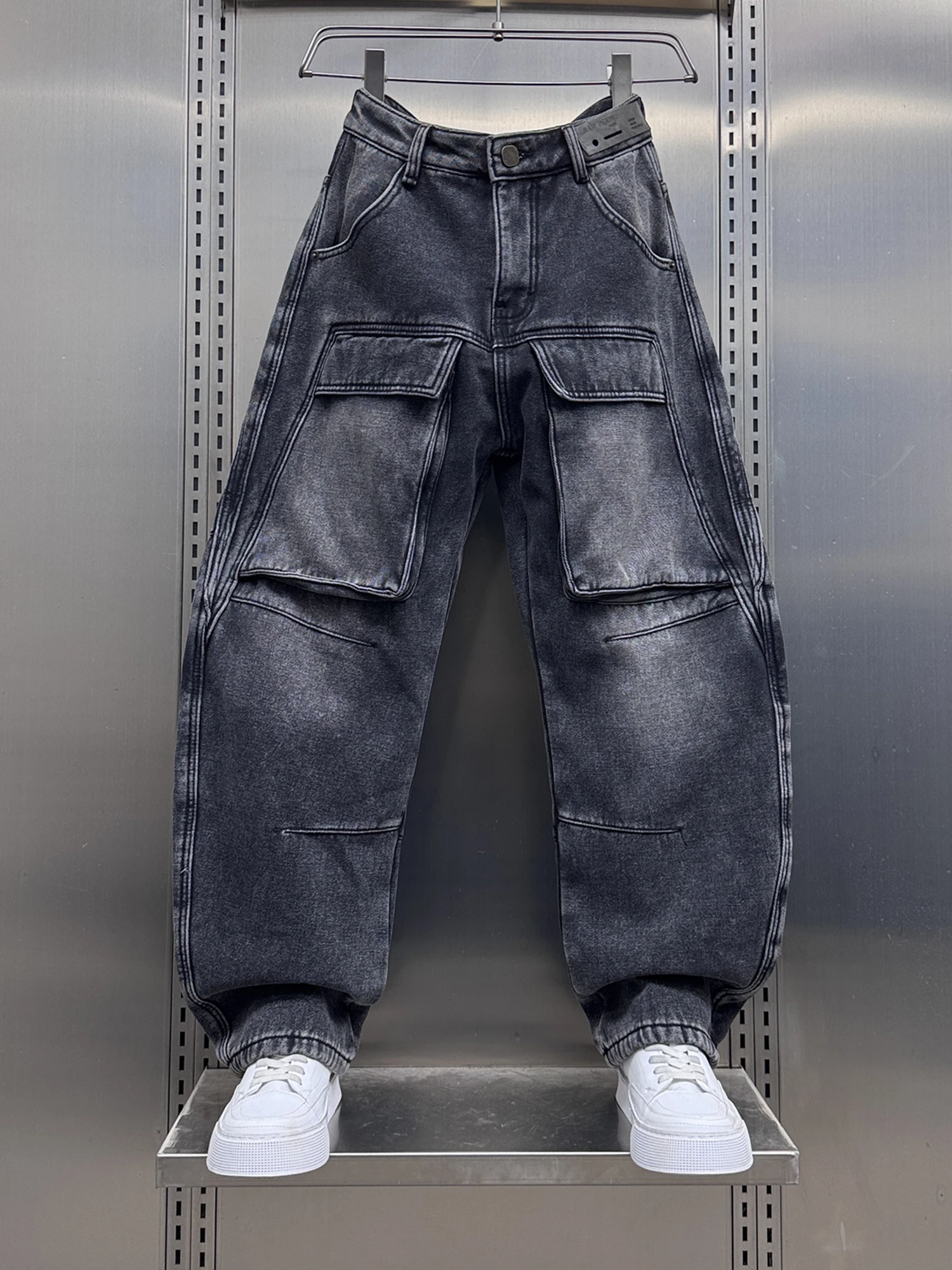 

Мужские джинсы в американском ретро-стиле с флисовой подкладкой, свободные, прямого кроя, с эффектом потертости, зимние, теплые, повседневные брюки