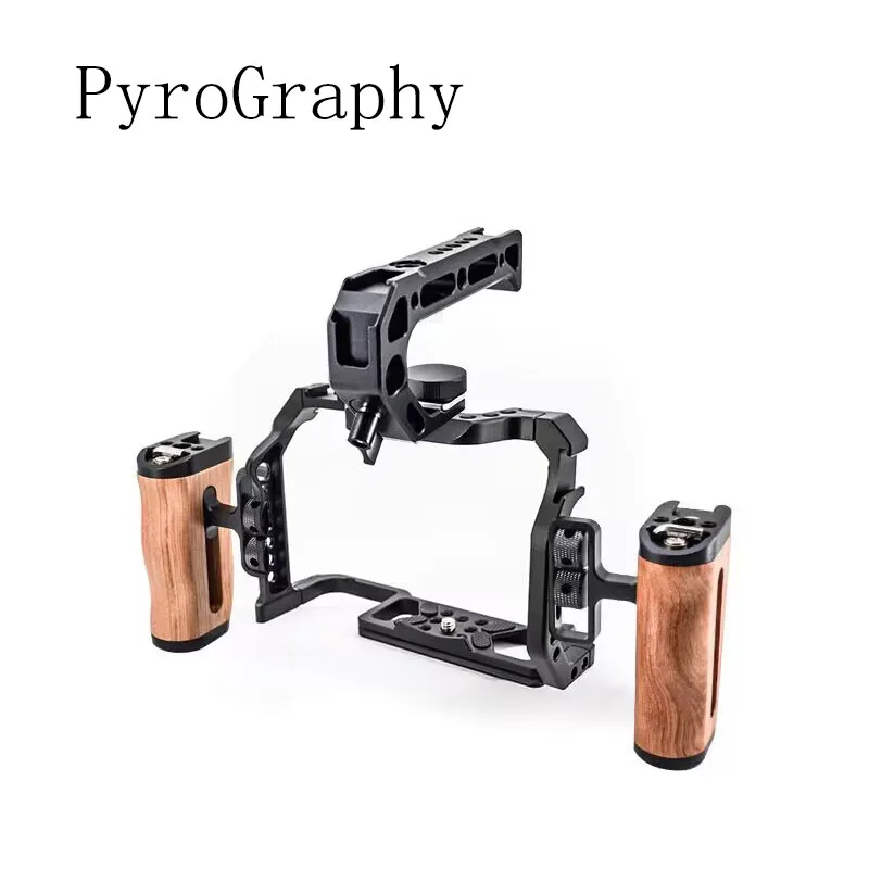 

PyroGraphy EOSR5/R6 Cage Kit Handheld Shooting Kit with Full Cage Arri Locating Top Handle Wooden Side Handle for Canon EOSR5/R6