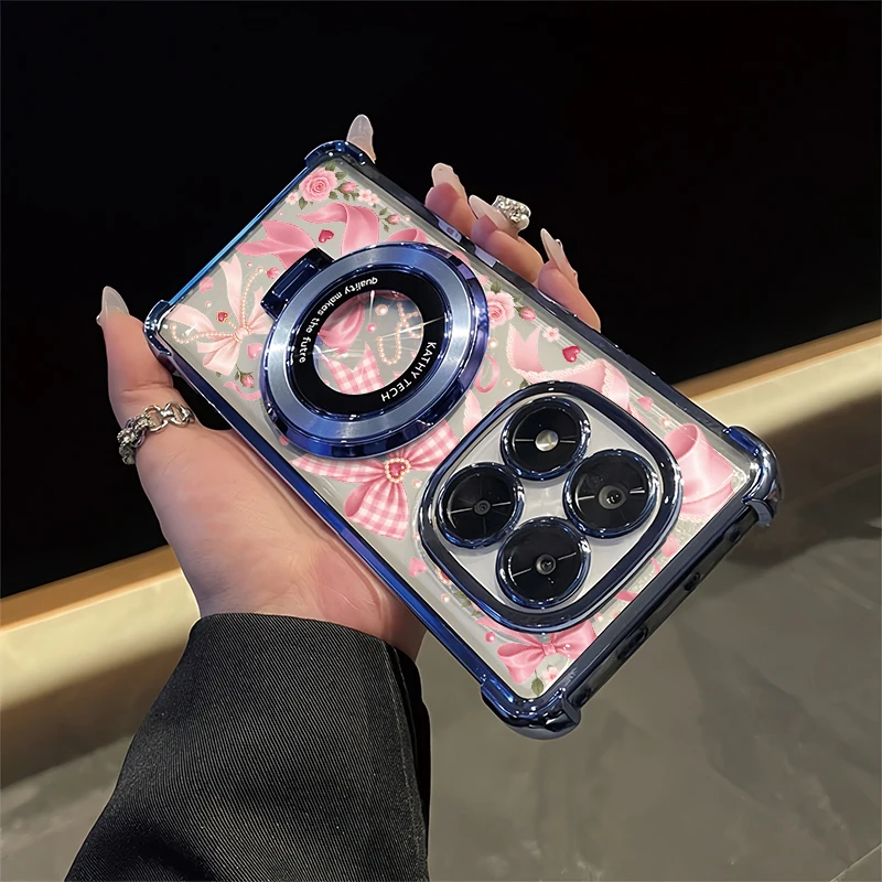 Cute Floral Pink Bow Print Phone Case For Xiaomi Poco X8 Pro Max X7 X6 X5 X3 NFC Four Corners Anti Drop Plating Clear Cases Etui