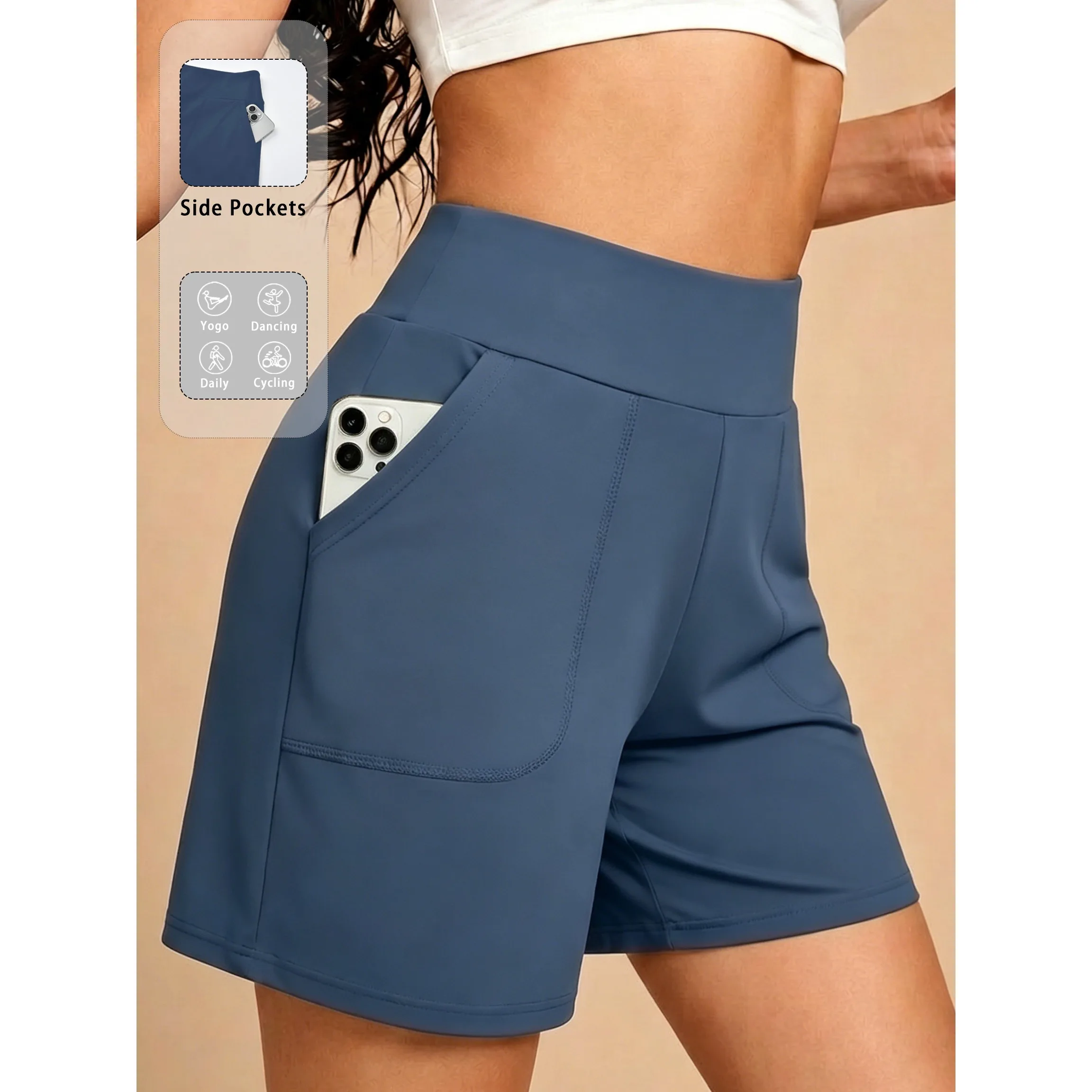 Bermuda-Shorts für Damen mit Taschen, Hochgeschnittene Lange Shorts für Laufen, Workout und Sport – Detail 2