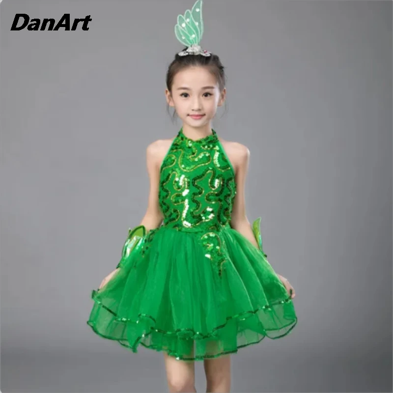 Vestito verde da ballo per ragazze Vestito da balletto per ragazze Ragazza per bambini Costumi di danza jazz Costume da spettacolo per ragazze Raccolta di abiti da festa