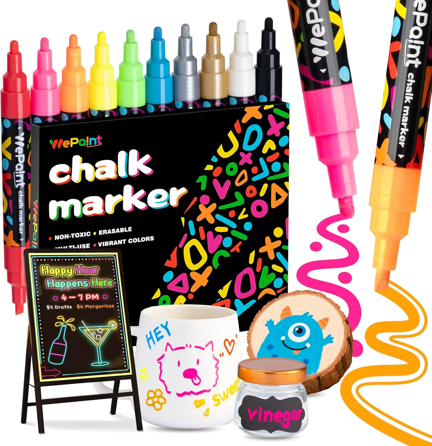 

10 Dual Tip Liquid Chalk Markers for Blackboard - Chisel & Bullet Tips - Wet Erase for Glass, Windows, Menu Boards